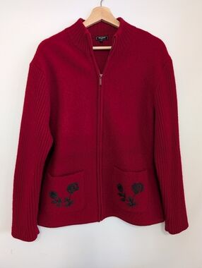 Vintage Rino Rossi Large Red Boiled Wool Sweater Full Zip Cardigan Embroidered